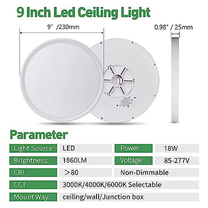 9Inch 4PK White LED Flush Mount Ceiling Light,18W,1860LM, 3CCT Selectable | 3000K/4000K/6000K CCT Selectable, White Close to Ceiling Round Flat Panel Light, Super Slim LED Ceiling Light for Bedroom - color: White, size: 9"-4PK