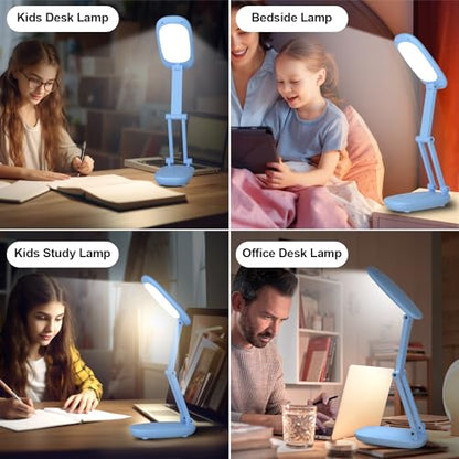 Akejrym LED Desk Lamp for Office & Home, Battery Operated, Foldable & Portable Light, 2-Fold Bracket, 3 Brightness Dimmable, Wireless Reading Lamp (Blue) - color: Blue