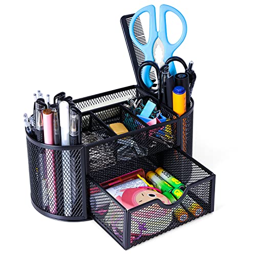 Black Mesh Pen Holder Desk Organizer Cute Office Supplies Pencil and Marker Organizers Oval Desk Caddy with 8 Compartments and 1 Drawer Workspace Accessories for Office School Home - style: Oval