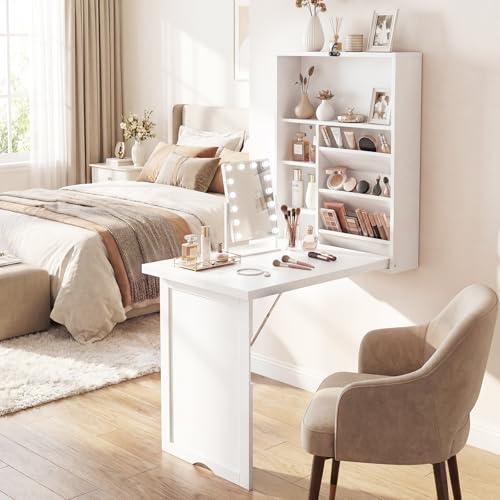 Tangkula Folding Wall Mounted Desk, Convertible Fold Out Floating Table with Storage Shelves, Space-Saving Drop Leaf Table, Murphy Desk for Craft, Study, Small Spaces, Home Office, Dorm, White - color: White