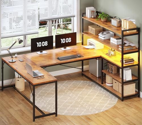 SEDETA L Shaped Desk with Storage Shelves, 63” Reversible U Shaped Office Desk, Gaming Desk with Power Outlet and LED Lights for Home Office, Rustic Brown - color: Rustic Brown