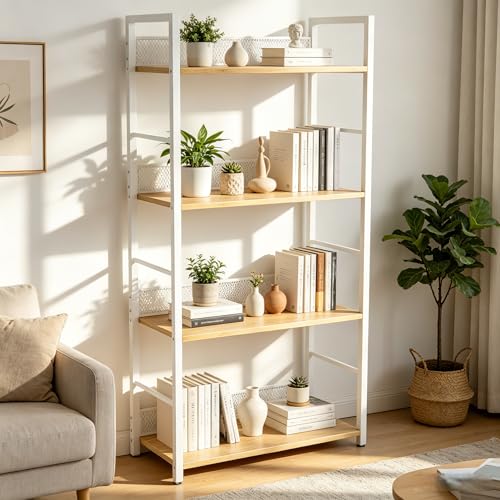IDEALHOUSE 4 Tier Bookshelf，Tall Narrow Bookcase with Metal Guard Panels, Industrial Wood and Metal Display Shelf, Freestanding Storage Rack for Bedroom, Living Room, Home Office，Matte White - color: White, size: 4