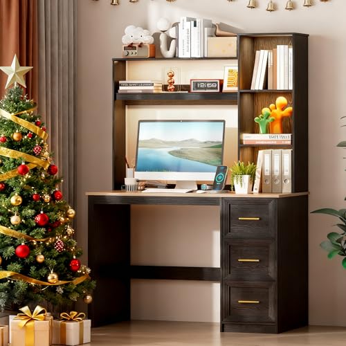 40” Home Office Desk with Hutch and Drawers, Black | Modern Computer Desk with Adjustable LED Light and Charging Station, Storage Shelves, Writing Table for Bedroom Study Room - color: Black+brown
