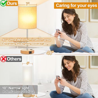 Lynnoland Set of 2 Touch Wood Table Lamps, Bedroom Lamps with 2 USB AC Outlet, 3-Way Dimmable Bedside Nightstand Lamps for Bedroom Living Room Nursery, 800 Lumens 2700K Bulbs Included - color: Cream & Wood (Base) - 2700K