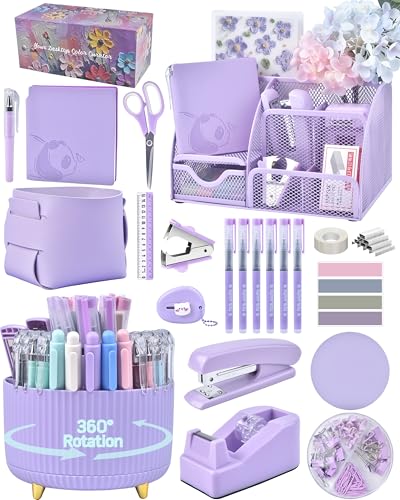 Purple Desk Accessories and Organizers with Desk Organizer and 360°Rotating Pen Holder stapler Pen and a Lot of Office Purple Office Supplies Beautifully Presented in a Gift Box - color: Purple