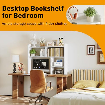 Desk Shelf, Desktop Hutch with 6 Storage Areas, Desktop Organizer Shelf with 27" Large Monitor Compartment, Multipurpose Wood Desktop Display Rack for Computer Desk, Dorm, Office, Home (White)