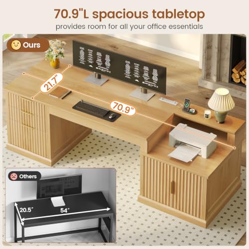 SEDETA 70.9" Executive Desk, Fluted Office Desk with Drawers, Fluted Oak - color: Fluted Oak, size: 70.9" Executive Desk