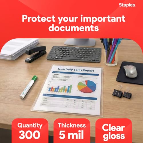 Staples 2425553 5 mil Thermal Laminating Pouches Letter 300 Pack - size: 5 Mil, style: 300 Pack