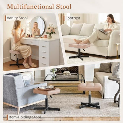LUE BONA Adjustable Vanity Stool, 15''-19.5'' Foot Rest Under Desk, 360° Swivel Vanity Chair for Makeup Room, Rose Gold Upholstered Faux Leather Ottoman for Bathroom & Living Room, 300lbs - color: Rose Gold