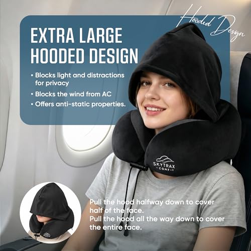 SkytraxComf® Travel Neck Pillow with Hood for Privacy on Long Flights | Memory Foam | Airplane Sleep | Safety-Tested Materials | Extra Large Hood | Chin Support | Earplugs | Washable Cover - color: Black