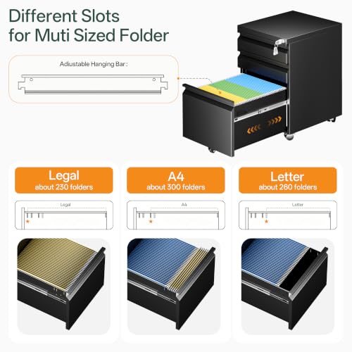 3 Drawer Mobile File Cabinet with Lock, Fully Assembled - color: Black