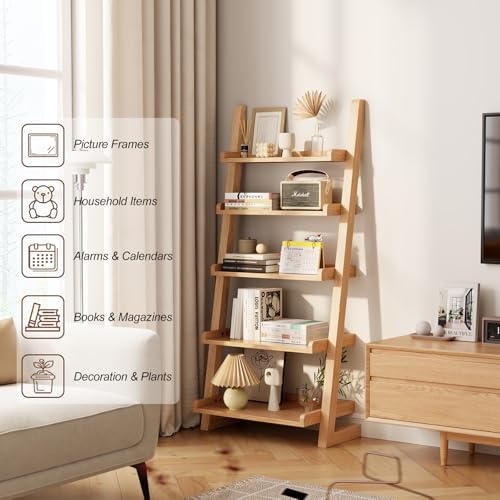 AQIMUELE Wooden Ladder Shelf with Edges, 5-Tier Modern Leaning Bookshelf Ladder – Stylish Space-Saving Bookcase for Living Room, Bedroom & Home Office - color: Natural, size: 5-Tier