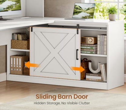 SEDETA Farmhouse 55” L Shaped Office Desk with Hutch, Drawers, Barn Door - color: White, size: 55 inches