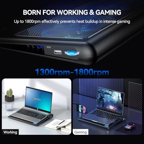 TECKNET Laptop Cooling Pad - 12"-15.6" Laptop Cooler with Quiet Cooling Fan | USB-A & USB-C Powered Cooling Stand with Adjustable Wind Speeds for Gaming, Work & Everyday Computing, Blue LED - color: Blue