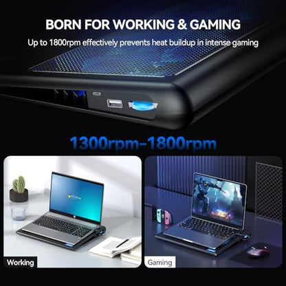 TECKNET Laptop Cooling Pad - 12"-15.6" Laptop Cooler with Quiet Cooling Fan | USB-A & USB-C Powered Cooling Stand with Adjustable Wind Speeds for Gaming, Work & Everyday Computing, Blue LED - color: Blue