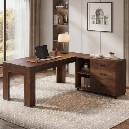 Tribesigns L Shaped Executive Desk with Drawers,Walnut | Large Office Desk with Rolling File Cabinet Combo,Home Office Computer Desk,Wooden Desk with Long Front Baffle - color: Walnut