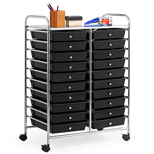 RELAX4LIFE 20 Drawer Rolling Storage Cart, Mobile Rolling Cart w/Drawers for School Classroom Teacher Office Home Salon, Paper File Art Supply Craft Organizer, Utility Cart on Wheels (Black) - color: Black, size: 35''