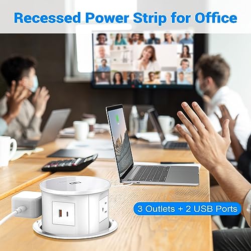 XBA Pop Up Outlet with 15W Wireless Charger, 4 AC Plug 1 USB-A and 1 USB-C, Electrical Desk Power Grommet for Kitchen Countertop, 4-3/4'' Hidden Recessed Power Strip for Home Office (White) - color: White