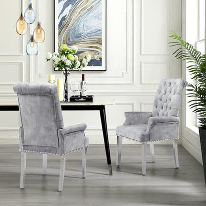 Velvet Dining Chairs with Arms, Upholstered Dining Room Chairs, Grey | Upholstered, High Back, Tufted, Luxurious, Stainless Steel Leg, for Kitchen & Dining Room - color: Grey, size: 1 PCS