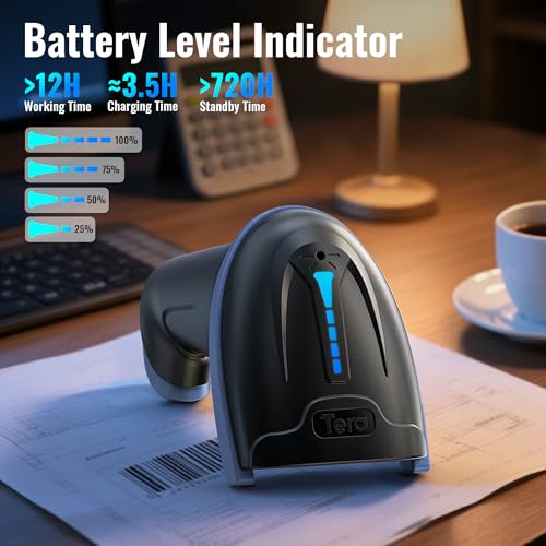 Tera Barcode Scanner with Battery Indicator: 2D Wireless, D5100, Blue | USB Wired, 2.4G Wireless, 2200mAh Battery, 1D 2D QR Scanning, IP54 Protection, Retail Checkout Warehouse School PC Phone - color: 2D Blue