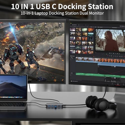 Docking Station Dual Monitor, 10-in-1 USB C Hub with Dual 4K HDMI, VGA, 100W PD, 1 x USB 3.0, 2 x USB 2.0, SD/TF Card Reader, 3.5mm Audio, Ideal for HP/Dell/Lenovo/Mac Laptops - style: 10 in 1 4K@30Hz