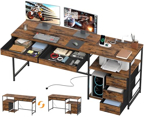 60" Computer Desk with 5 Fabric Drawers, Gaming Desk Table | Desk with Storage and Power Outlets, for Adults and Teenagers Working Writing Study, Rustic Brown - color: Rustic Brown, size: 18.9"D x 60"W x 30.7"H