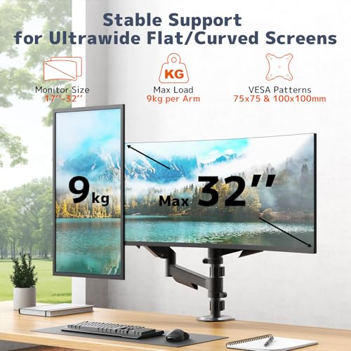 PUTORSEN Dual Monitor Stand for 17-32 Inch Screens, VESA 75/100 | Full motion dual monitor desk mount supports 19.8 lb per arm with tilt, swivel, rotation and C-clamp or grommet base.