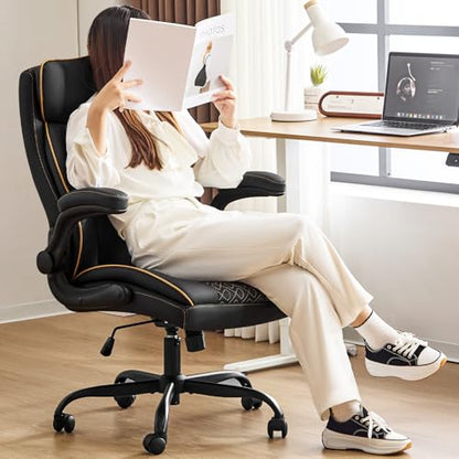 Leather Executive Office Chair, Computer Desk Chair with Lumbar Support, Comfortable Home Office Chairs 400lbs with Padded Flip-up Armrests, Height Adjustable, Tilting Function, Black - color: Black