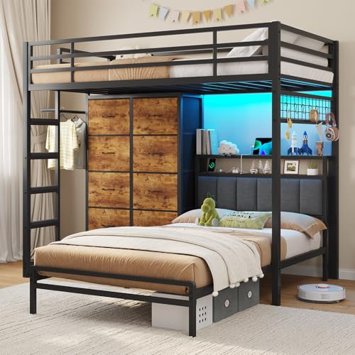 DICTAC Twin Over Twin Bunk Bed with 8 Storage Drawers and Led Lights Metal Bunk Beds with Storage Headboard and Charging Station,L-Shaped bunk Bed for Kids/Teen with Safety Guardrail and Ladder,Black - color: Black, size: Twin Over Twin