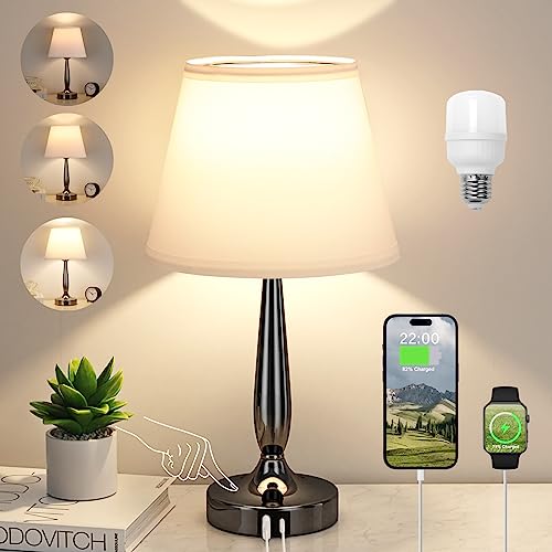 Kakanuo Touch Bedside Lamp for Bedroom with USB C Port, Small Touch Table Lamp with 2 USB Charging Ports, 3 Way Dimmable Nightstand Lamp for Living Room and Office - White (LED Bulb Included) - color: White, size: 1 Pack