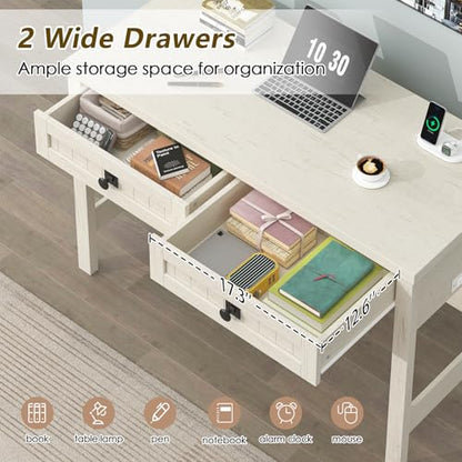 39 Inch Farmhouse Small Computer Desk with Drawers for Bedroom, Home Office - color: White