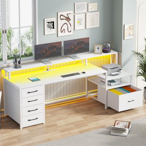 SEDETA Computer Desk with 5 Drawer, Power Outlet, Led Lights, White - color: White With Led Lights, size: 67X18.5inch