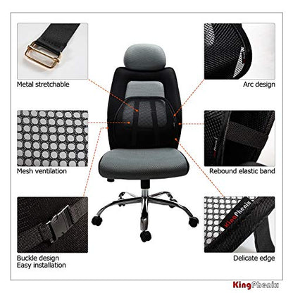 kingphenix 2-Pack Mesh Lumbar Support for Car and Office Chair Comfort | Breathable Mesh Back Support with Adjustable Curvature and Elastic Straps for Driving, Office Use and Long Sitting, Black