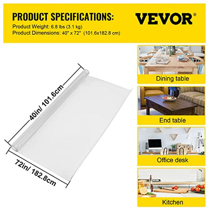 VEVOR Plastic Table Cover 40 x 72 Inch, 1.5 mm Thick Clear Table Protector, Rectangle Clear Desk Mat, Waterproof & Easy Cleaning for Office Dresser Night Stand - size: 72" x 40" (Rectangular)