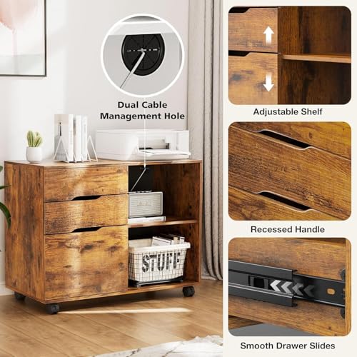 Healsmart Multifunction File Cabinet with Wheels, 3-Drawer Rolling Storage Organizer with Wood Top & Adjustable Shelf, Mobile Filing Cabinet Printer Stand for Home Office Small Space, Brown - color: Brown, style: Upgrade