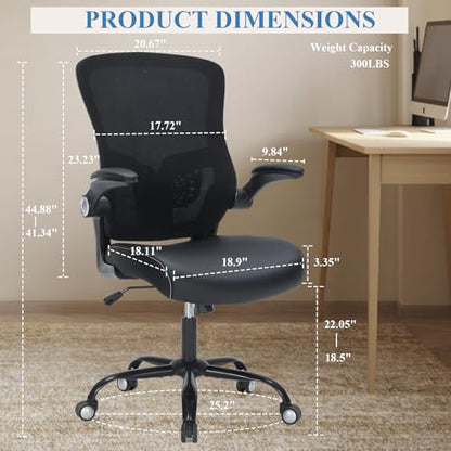 Office Chair PU Leather Cushion, Ergonomic Desk Chair with Flip-Up Arms, 300 LBS Home Office Desk Chairs Adjustable Seat Height & Lumbar Support, Executive Comfy Swivel Task Computer Chair