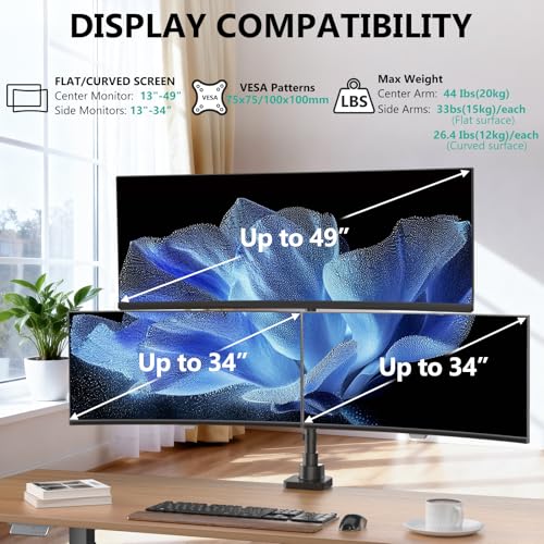 WALI Triple Monitor Mount - Extra Tall 3 Monitor Desk Mount for 17-49 Inch Ultrawide Screens, Up to 44 lbs, Fully Adjustable Heavy Duty Monitor Arm, VESA 75/100 mm (GSDM003-P), Black - color: Black (Triple), size: 17"-49"