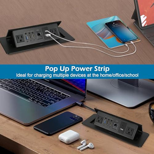 Table Pop Up Outlet, Desktop Pop Up Socket Center Countertop Socket Multimedia Strip Socket Connection Box Countertop with USB 3.0/2×AC/2×HDMI/USB-A/USB-C/LAN for Conference Desk Office (Black-3) - style: Black-3