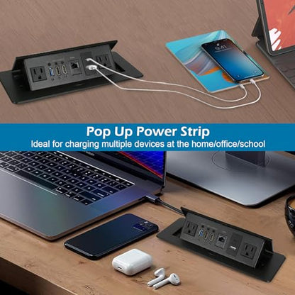 Table Pop Up Outlet, Desktop Pop Up Socket Center Countertop Socket Multimedia Strip Socket Connection Box Countertop with USB 3.0/2×AC/2×HDMI/USB-A/USB-C/LAN for Conference Desk Office (Black-3) - style: Black-3