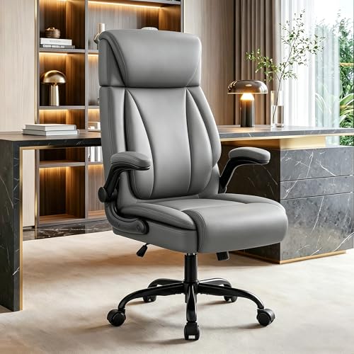 BestGlory Ergonomic Office Chair, PU Leather Executive Desk Chair with Adjustable Headrest, Flip-Up Arms and Lumbar Support, High Back Computer Chair for Home Office, Remote Work, Gaming, Grey - color: Grey
