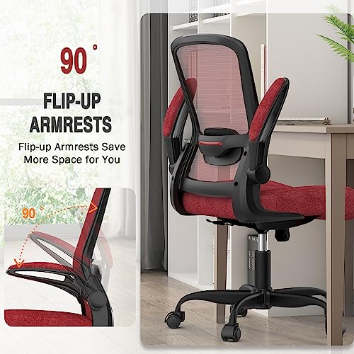 Ergonomic Office Chair w/Adjustable Lumbar, Flip Armrest, 135° Recline - color: Red, Carmine Roses