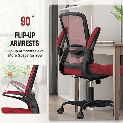 Ergonomic Office Chair w/Adjustable Lumbar, Flip Armrest, 135° Recline - color: Red, Carmine Roses