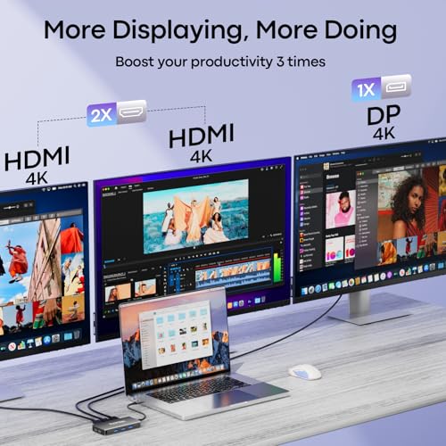 USB C Docking Station Dual Monitor, Laptop Docking Station 3 Monitors | Triple 4K Display with 2 HDMI, DisplayPort, 5Gbps USBA/C 3.0, 100W PD, USB 3.0 Dock Dongle for Dell, HP,MacBook, Surface