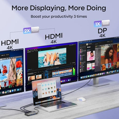 USB C Docking Station Dual Monitor, Laptop Docking Station 3 Monitors | Triple 4K Display with 2 HDMI, DisplayPort, 5Gbps USBA/C 3.0, 100W PD, USB 3.0 Dock Dongle for Dell, HP,MacBook, Surface