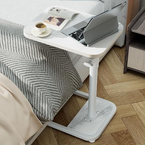 GOYLSER C Shaped Tv Trays Living Room End Table End Stand, White Marble Minimalist Wooden C Table for Sofa, Height Adjustable Tv Tray Tables Side Table for Dinner Eating - color: White Marble, style: Standard
