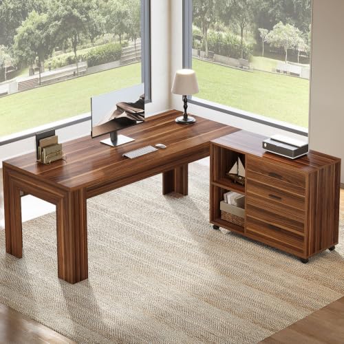 Tribesigns 63" L Shaped Desk with File Cabinet, Large Executive Office Desk with Rolling Filing Cabinet, Long Computer Table with Drawers, Business Furniture Set for Home Office, Light Walnut - color: Light Walnut