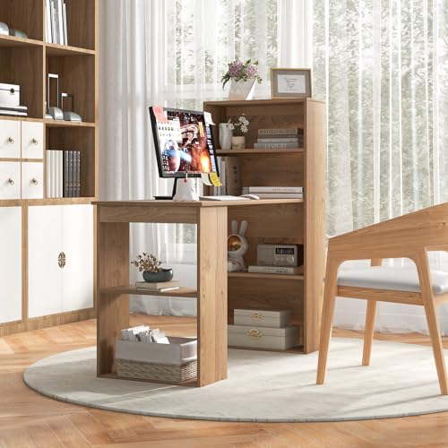 GIANTEX 48 Inch Computer Desk with Bookshelf, 3-in-1 Home Office Desk with 4-Tier Bookcase & CPU Stand, Space-Saving Reversible Writing Desk Work Table for Bedroom, Study Room, Office (Natural) - color: Natural