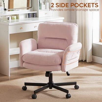 Bestier Velvet Vanity Chair with Flip-Up Arms, Swivel Makeup Chair Pink | Comfy Cross-Legged Computer Chair with Wheels 2 Side Pockets for Home Office Gaming, Bedroom - color: Pink Velvet, size: Low Back