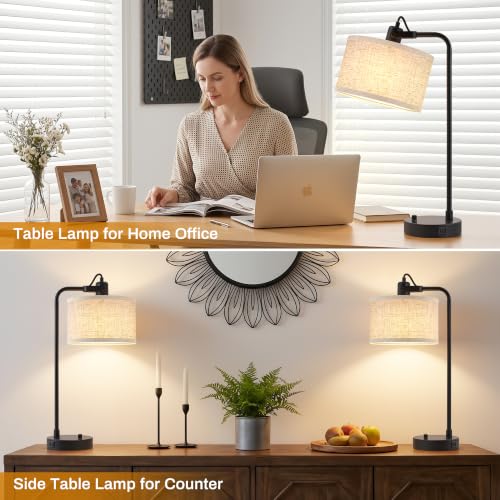 Black Table Lamp Set of 2, USB A+C, 180° Adjustable Bedside Lamps, Dimmable | Bare Bulb Compatible, Industrial Nightstand Lamp with Linen Lampshade, LED Bulbs Included, Desk Lamp for Bedroom, Living Room - color: Black-A
