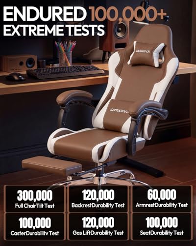 Dowinx Ergonomic Gaming Chair with Footrest & Massage Lumbar, 2D-Linkage Armrests for Computer Chair 330lbs with Headrest Pillow for Office, Home, Streaming and Long Gaming Sessions, Fabric Brown - color: Brown